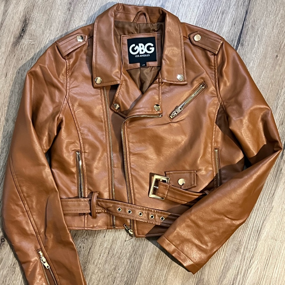 GBG Los Angeles Faux Leather Moto Jacket Women’s Large Cognac Brown Belted Biker